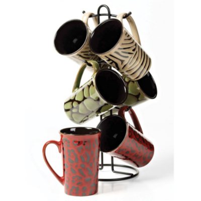 7 pc. Ceramic Mug Tree - Reactive Glaze Animal Print 