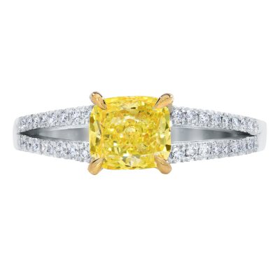 1.31 CT. T.W. Cushion-cut Fancy Yellow Split Shank Melee Diamond Ring in 18K White Gold (FY, VS1)