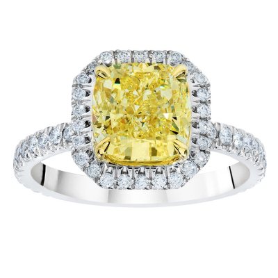 1.90 CT. T.W. Cushion-cut Fancy Yellow Halo Melee Diamond Ring in Platinum (FY, VS1)