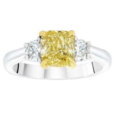 1.49 CT. T.W. Cushion-cut Fancy Light Yellow 3-Stone Diamond Ring in 18K White Gold (FLY, VS1) 