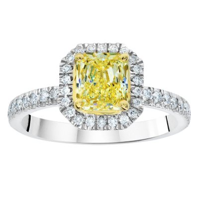 1.68 CT. T.W. Radiant-cut Fancy Yellow Halo Melee Diamond Ring in Platinum (FY, VS1)