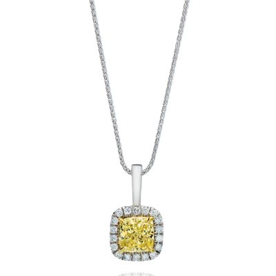 1.30 CT. T.W. Cushion-cut Fancy Yellow Halo Melee Diamond Pendant in 18K White Gold (FY, VS1)