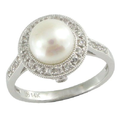 Freshwater Cultured Pearl & White Sapphire Ring in 14K White Gold