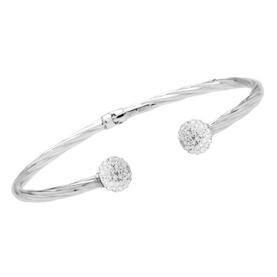 Love, Earth Genuine Swarovski Crystal Ball-Ended Hinged Bangle in Sterling Silver and 14k White Gold