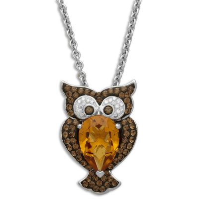 Brown and Orange Crystal Owl Pendant in Sterling Silver