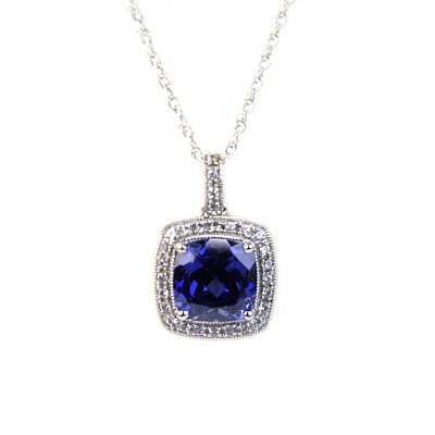 Lab-Created Blue & White Sapphire Pendant  in 14K White Gold
