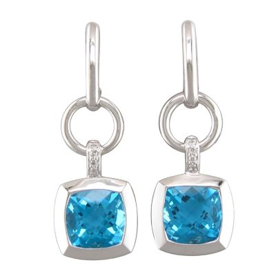 Cushion-Cut Blue Topaz Earrings with Diamond Accents in Sterling Silver