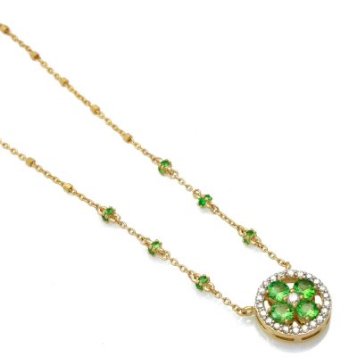 Tsavorite and Diamond Floral design Pendant in 14k Yellow Gold