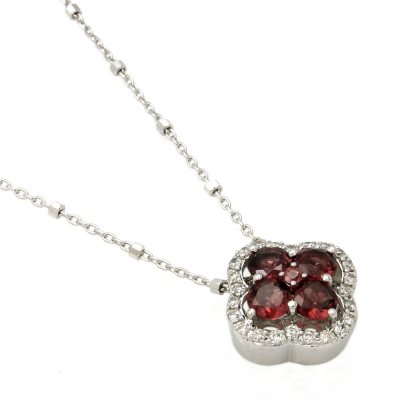Rhodolite Garnet and Diamond Clover Pendant in 14k White Gold