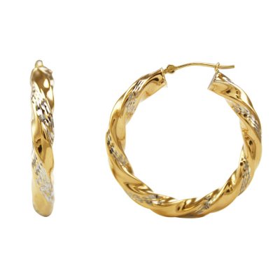 Love, Earth 4 x 35mm Diamond Cut, Twist Hoop Earrings in Sterling Silver and 14K Yellow Gold