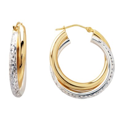 Love, Earth 3 x 25mm Crystal Cut Hoop Earrings in Sterling Silver and 14K Yellow Gold