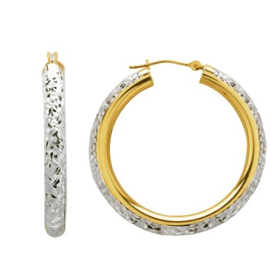 Love, Earth 4 x 35mm Crystal Cut Hoop Earrings in Sterling Silver and 14K Yellow Gold