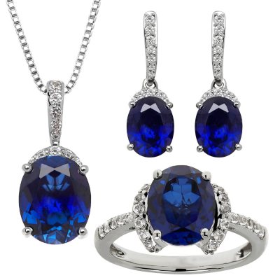 Lab-Created Blue and White Sapphire Pendant, Earring and Ring Set in Sterling Silver