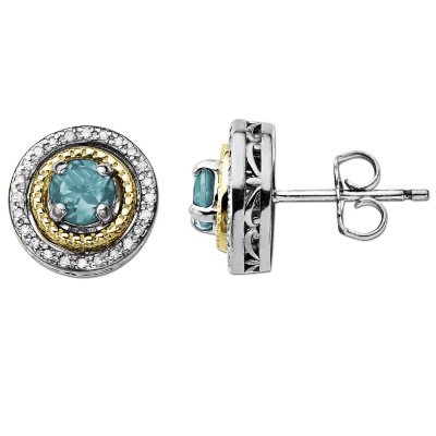 Aquamarine and Diamond Accent Birthstone Earrings in Sterling Silver and 14K Yellow Gold