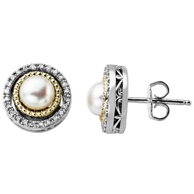 Freshwater Pearl and Diamond Accent Birthstone Earrings in Sterling Silver and 14K Yellow Gold
