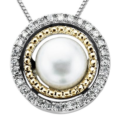 Freshwater Pearl and Diamond Accent Birthstone Pendant  in Sterling Silver and 14K Yellow Gold