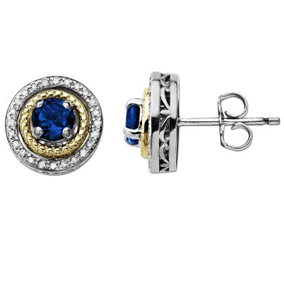 Created Sapphire and Diamond Accent Birthstone Earrings in Sterling Silver and 14K Yellow Gold