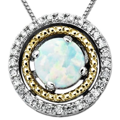 Opal and Diamond Accent Birthstone Pendant in Sterling Silver and 14K Yellow Gold
