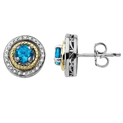 Licensed Blue Topaz and Diamond Accent Birthstone Earrings in Sterling Silver and 14K Yellow Gold