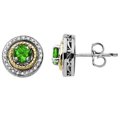 Created Emerald and Diamond Accent Birthstone Earrings in Sterling Silver and 14K Yellow Gold