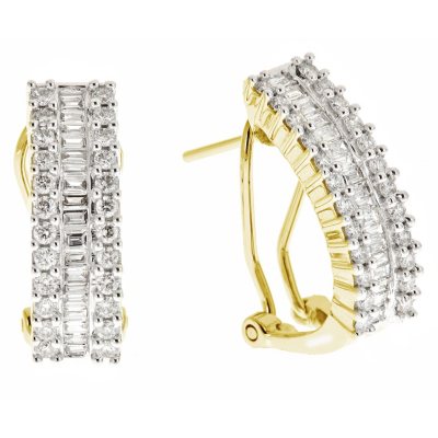 1.00 CT.T.W. Round and Baguette Diamond Hoop Earrings in 14K Yellow Gold (H-I, I1)