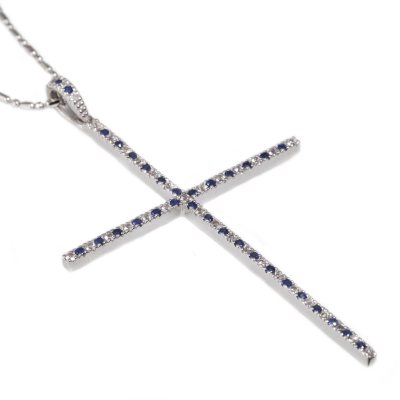 0.80 CT. T.W. Blue & White Sapphire Cross Pendant in Sterling Silver