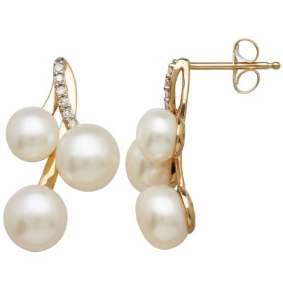 Freshwater Cultured Pearl Cluster Earrings with Diamond Accents in 14K Yellow Gold