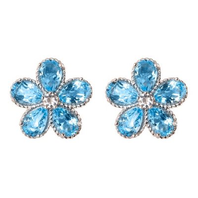 Blue & White Topaz Flower Earrings in 14K White Gold