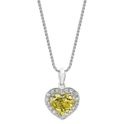 1.70 CT. T.W. Fancy Intense Yellow Heart-shaped Diamond with Halo Melee Pendant in Platinum