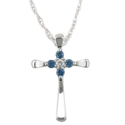 Sapphire and Diamond Accent Cross Pendant in 14K White Gold