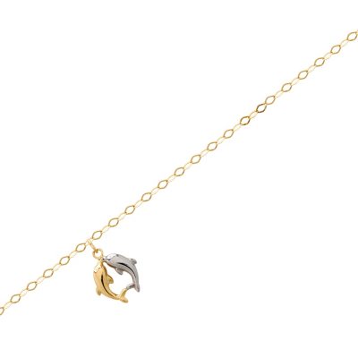 10" Link Ankle Bracelet in 14K Yellow Gold with Dolphins