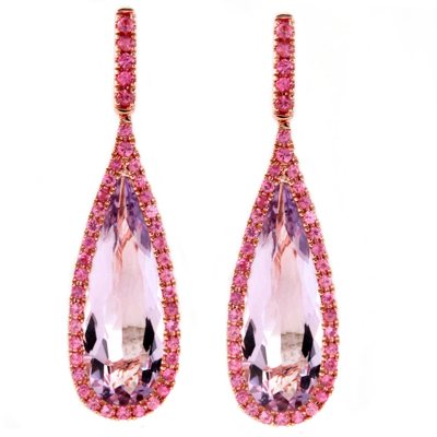 Pink Amethyst and Pink Sapphire Teardrop Drop Earrings in 14K Pink Gold