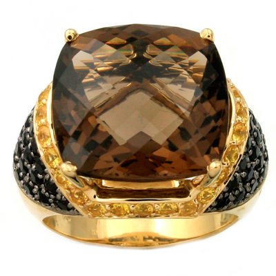 Smokey Quartz, Black And Yellow Sapphire Ring In 14K Yellow Gold