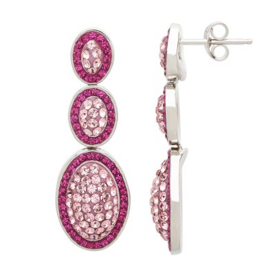 Triple Oval Pink Crystal Drop Earrings in Sterling Silver