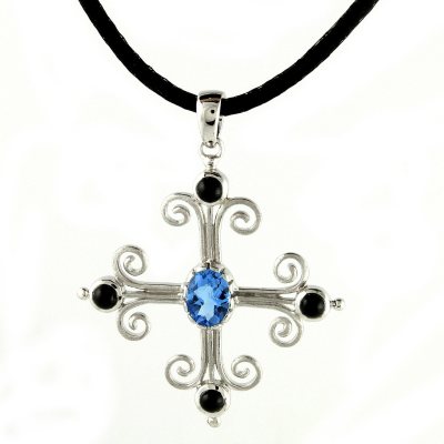 Swiss Blue Topaz and Black Onyx Pendant in Sterling Silver
