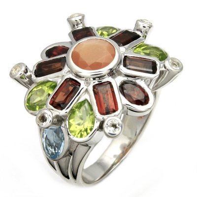 Garnet, Peridot, Blue & White Topaz and Orange Moonstone Ring in Sterling Silver 