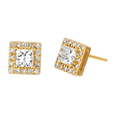 .50 CT. TW. Princess-Cut Diamond Halo Earrings 14K Yellow Gold (I, I1)