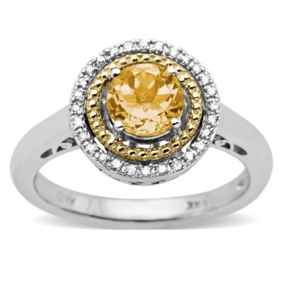 Citrine and Diamond Accent Birthstone Ring in Sterling Silver and 14k Yellow Gold