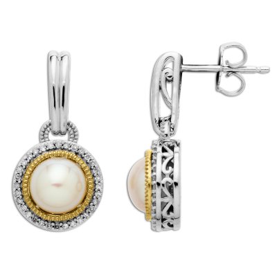 7mm Pearl and Diamond Earrings in 14K Yellow Gold and Sterling Silver