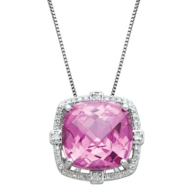 12mm Lab Pink Sapphire Pendant with 0.17 CT. T.W. Diamonds Sterling Silver