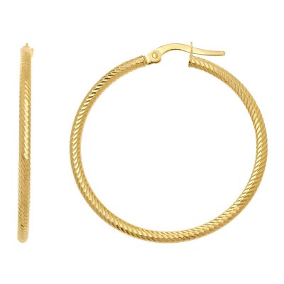 2x30mm Diamond Cut Hoop Earring in 14K Yellow Gold