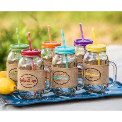 24 oz. Mason Jar Drinkware set of 6 with Burlap Sleeves & 12 Reusable Straws