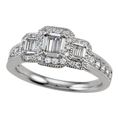 ... Baguette and Round Cut Diamond Bridal Ring in 14k White Gold (I, I1