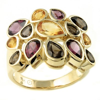 Citrine, Rhodolite & Smoky Quartz Ring in 14K Yellow Gold