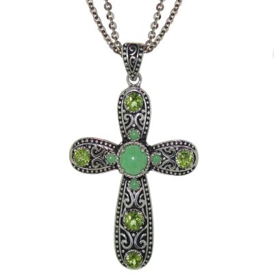 Sterling Silver Green Jade and Peridot Cross