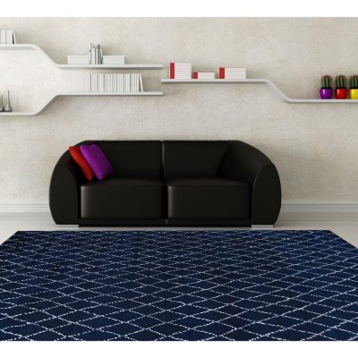 Moroccan Hand-Knotted Plush 6' x 9' Area Rug, Navy Blue and Ivory