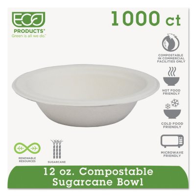 Eco-Products Compostable Sugarcane Dinnerware, 12 oz. Bowl, Natural White, 1000 per Carton