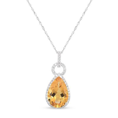 Pear Shaped Citrine Pendant with Diamonds in 14K White Gold