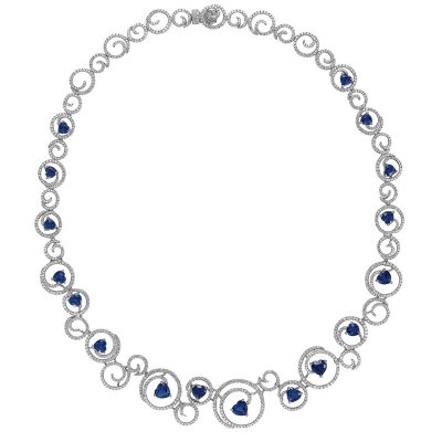 Heart Shaped Sapphire Necklace with 6.11 ct. t.w. Diamonds in 18K White Gold