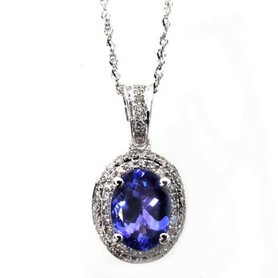 Oval Shaped Tanzanite with Diamond Pendant in 14K White Gold